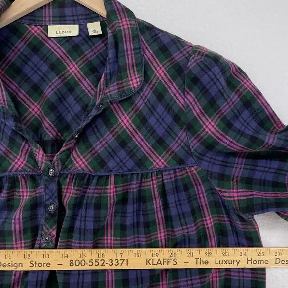 LL BEAN Nightgown Womens L Flannel Plaid Long Sleeve Sleepwear PJs Cotton Purple - Picture 12 of 14